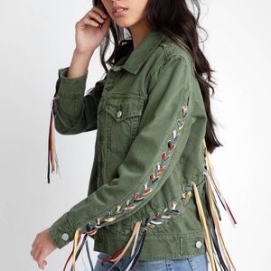 Blank NYC Olive Army Green Rainbow Fringe Cotton Denim Jean Jacket womens L